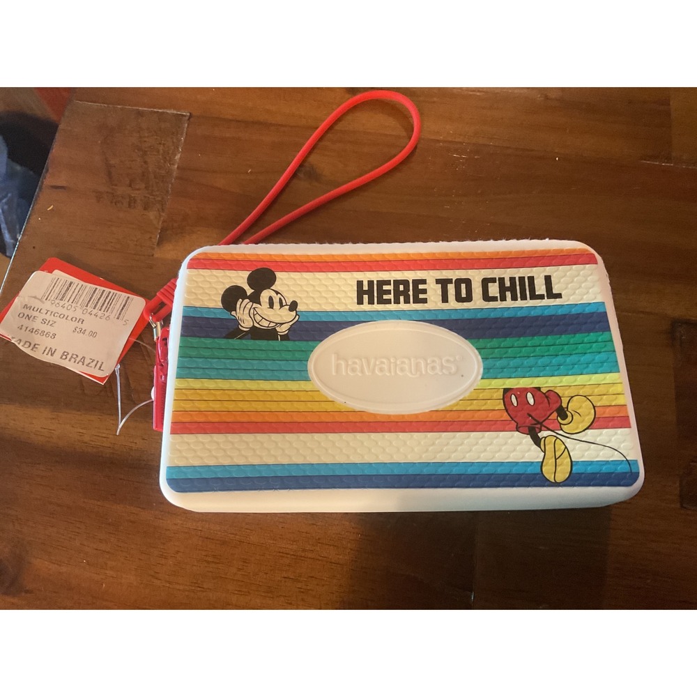 Havaianas Mickey Mouse Rainbow Stripe Silicone Pouch Wristlet Here To Chill NWT